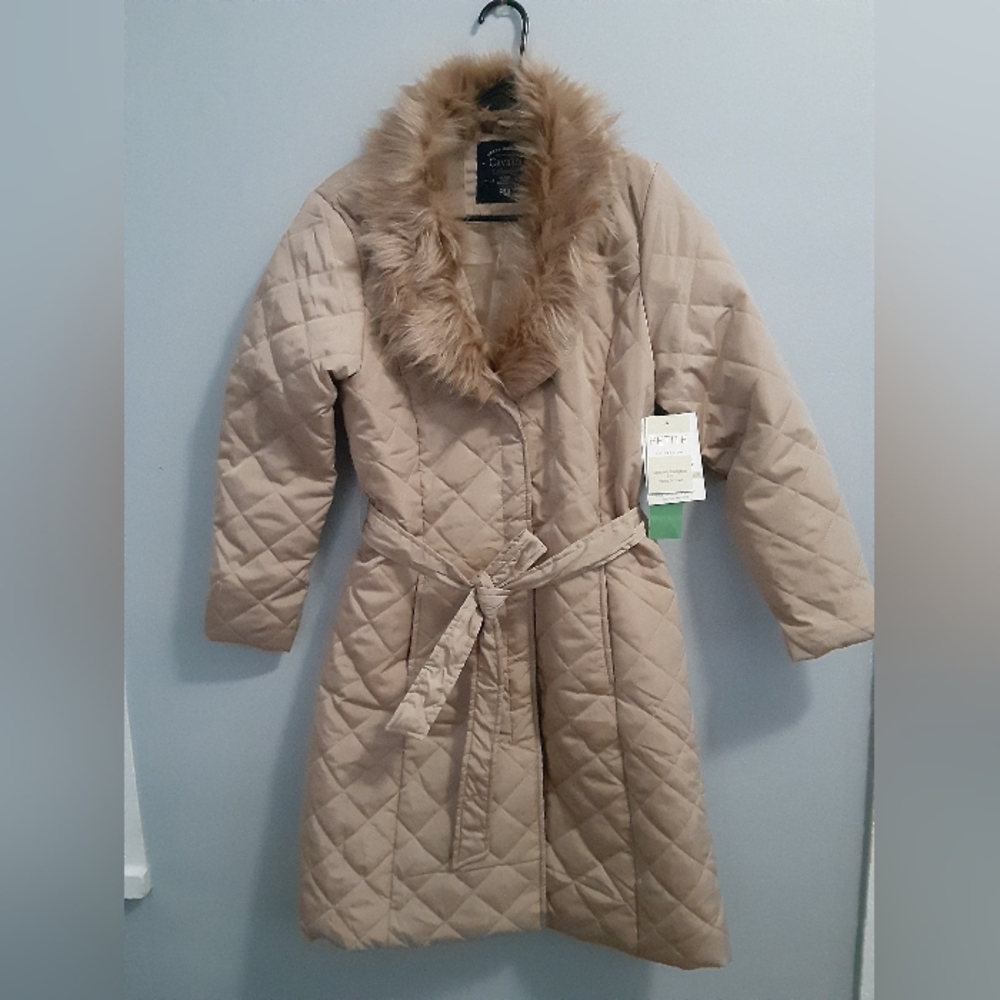 Cavalini Women's Quilted Coat Jacket Medium Petite Neutral Basic Faux Fur